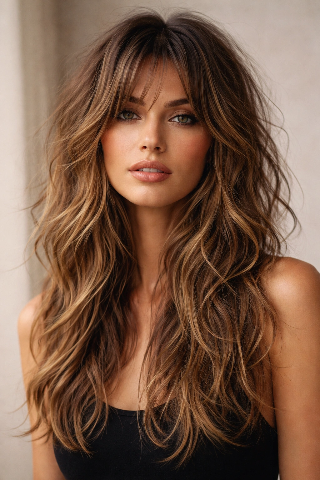 Close-up of a model's long layered shag hair with feathered ends and textured waves