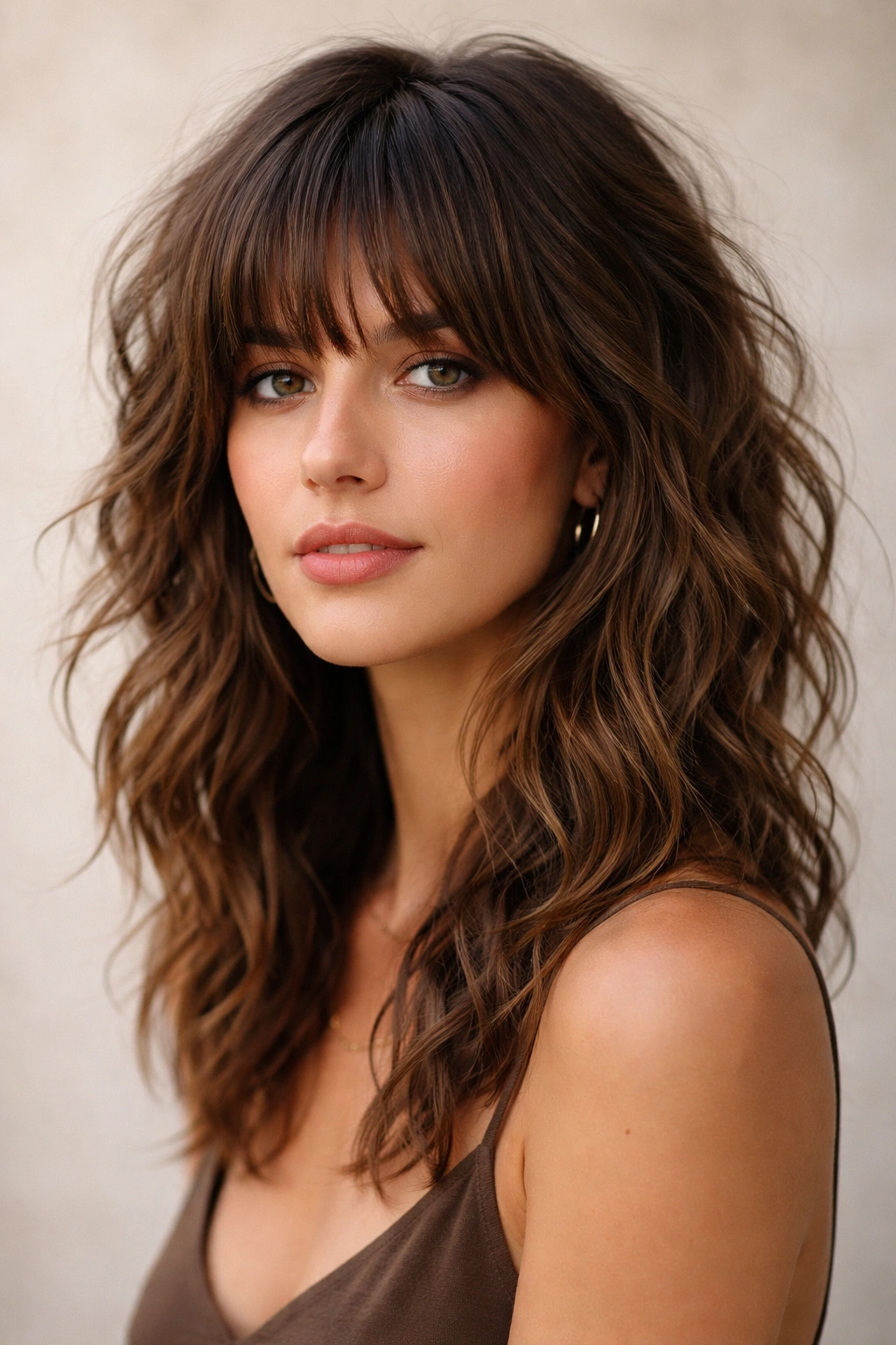 Shaggy bangs with choppy waves creating textured, dimensional hair