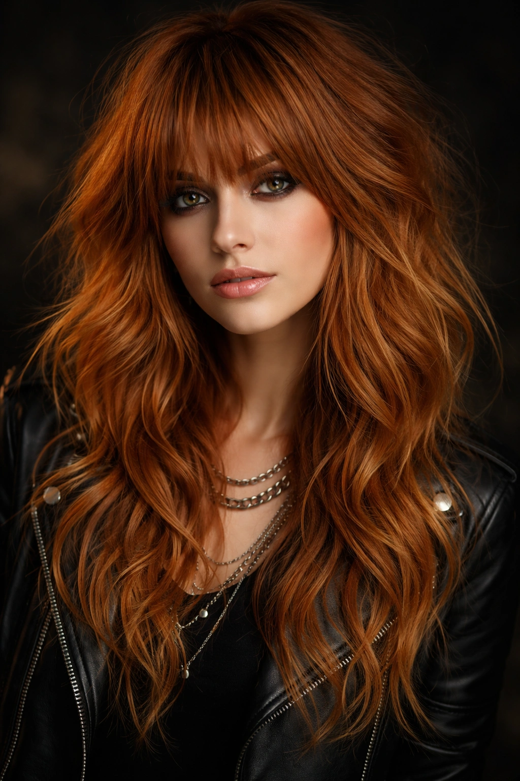Portrait of a model with shaggy ginger bangs and voluminous waves