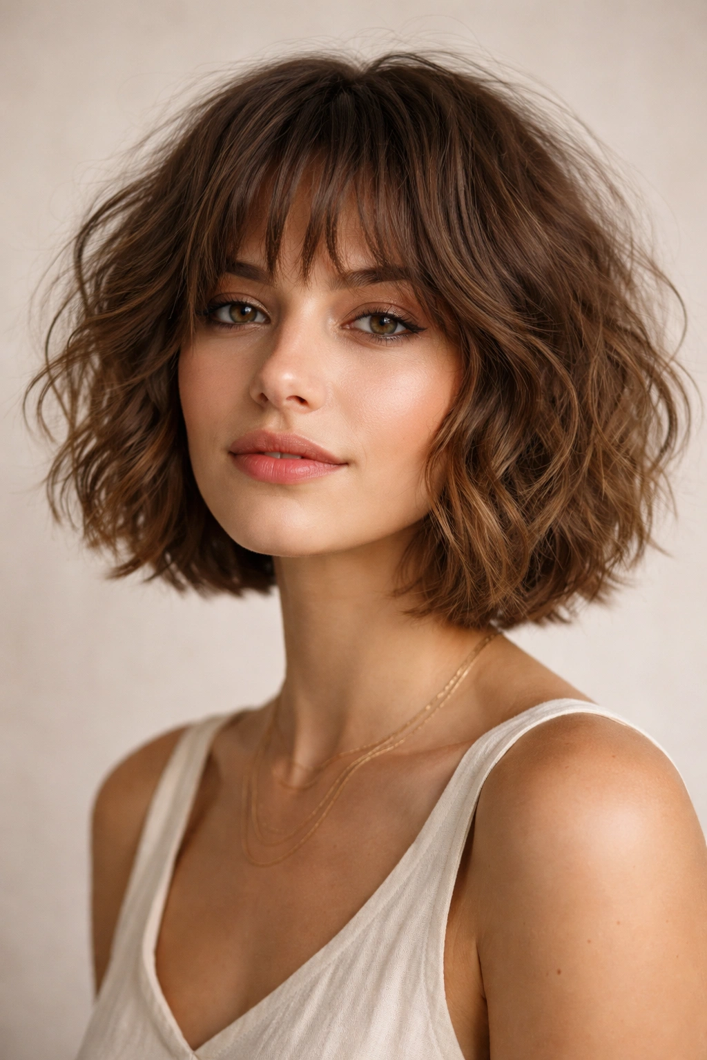 Shaggy wavy French bob with textured crown and voluminous waves.