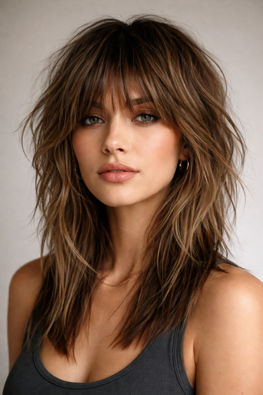 Portrait of a person with The Shaggy Choppy Crown With Straight Ends showing a textured crown and straight lower ends