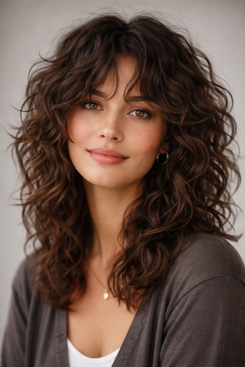 Close-up of curly hair with shaggy layers and wispy ends highlighting natural texture