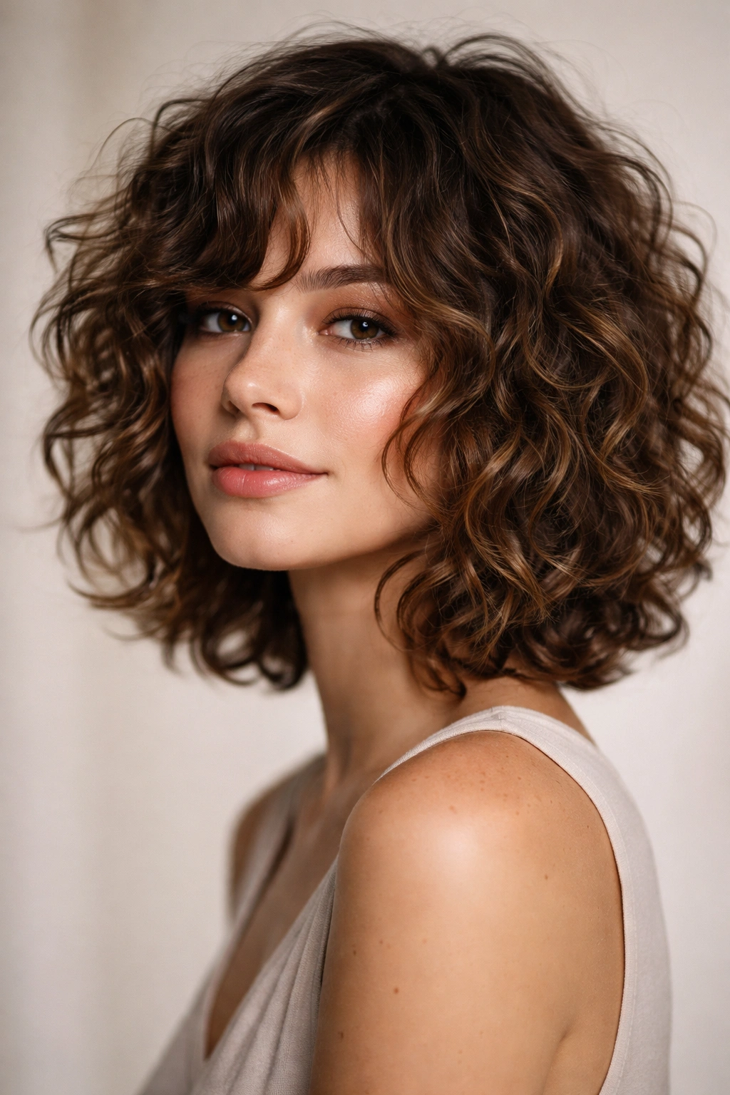 Close-up portrait of a person with a shaggy curly bob featuring textured layers