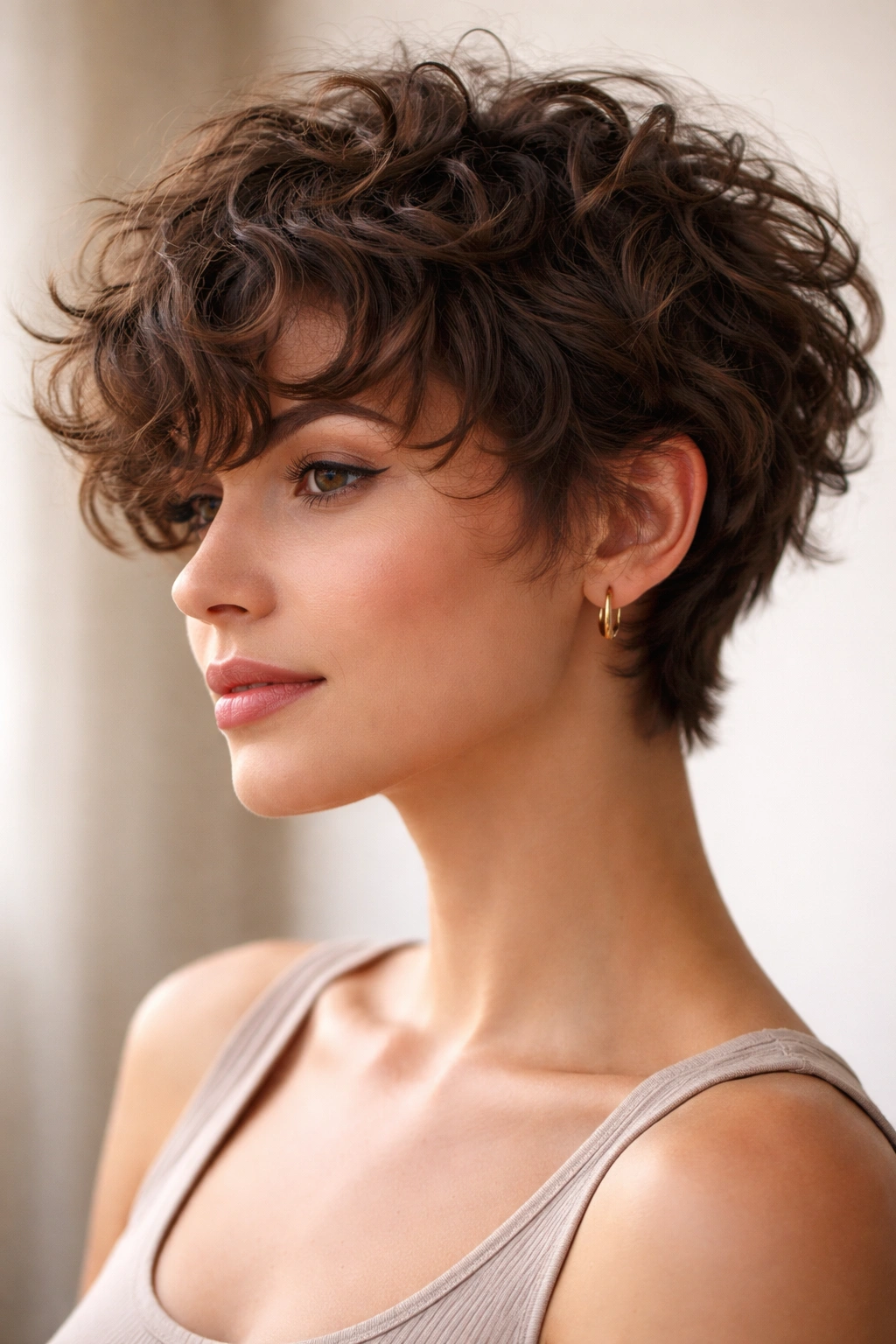 Three-quarter view of a shaggy curly pixie with layered curls.