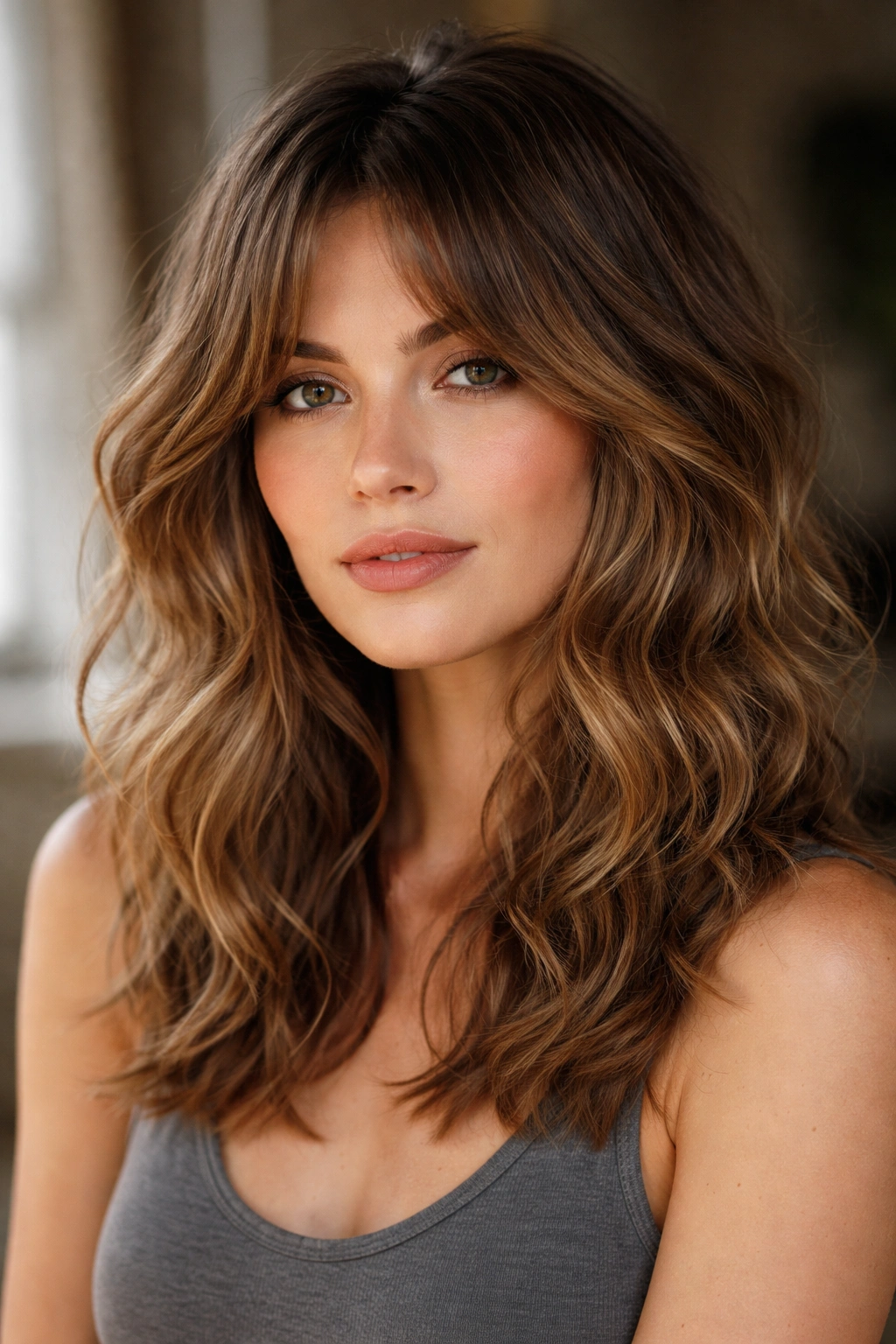 Shaggy textured waves with curtain bangs and layered pieces