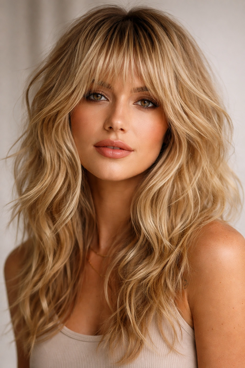 Blonde hair in a shag with feathered bangs and textured layers