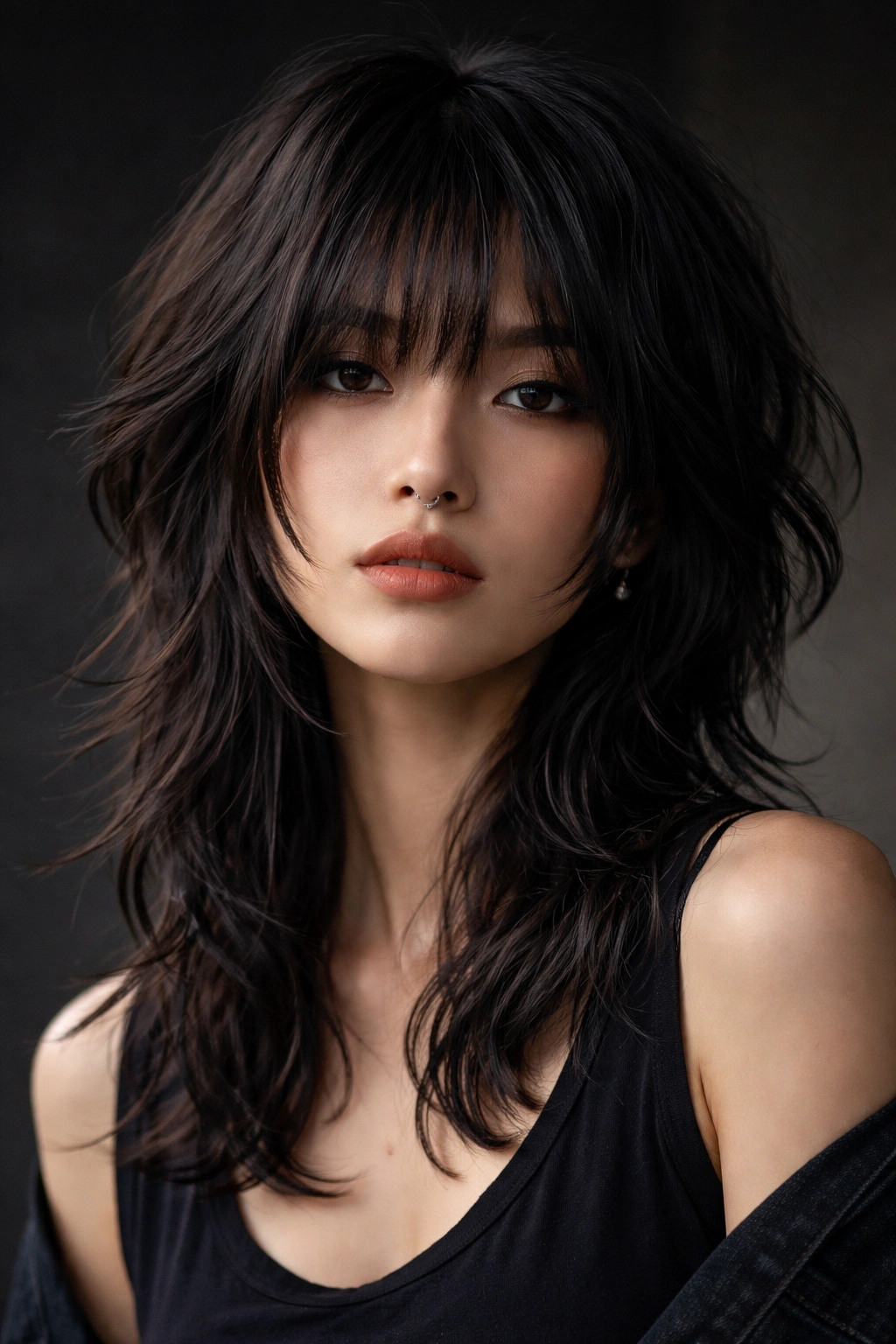 Portrait of shaggy hime bob hairstyle with pronounced layers and sidelocks