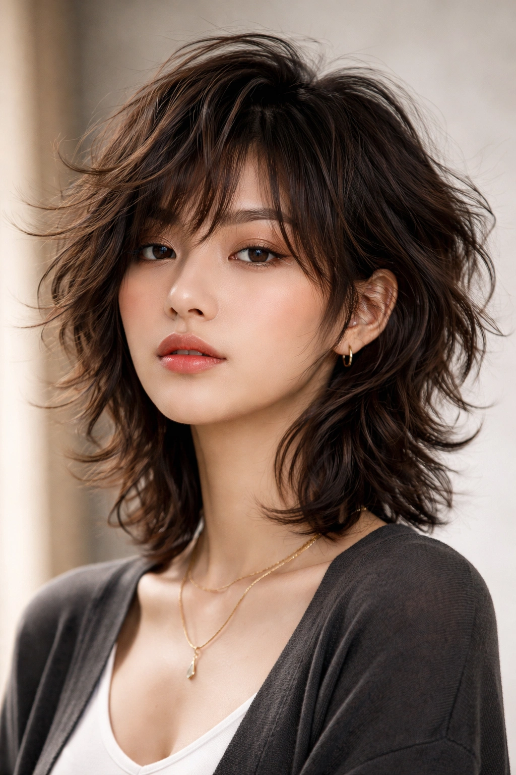 Shaggy layered wave hairstyle with maximum volume and textured layers