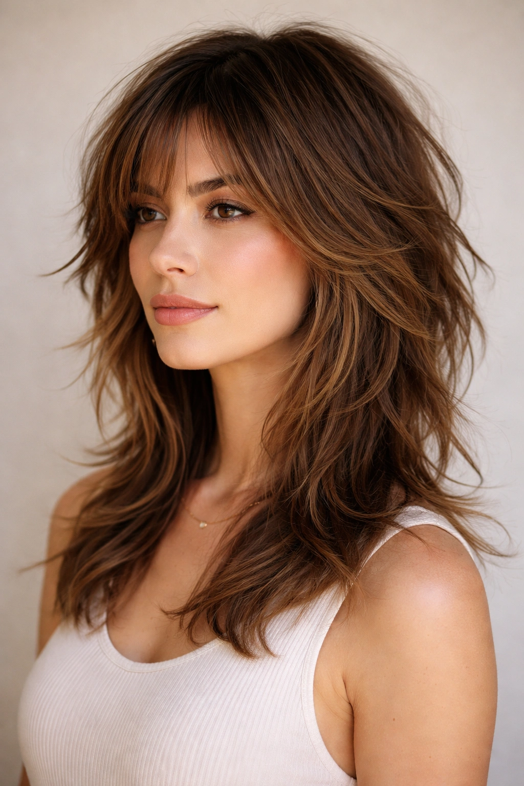 Shaggy layers hairstyle with crown volume and textural ends
