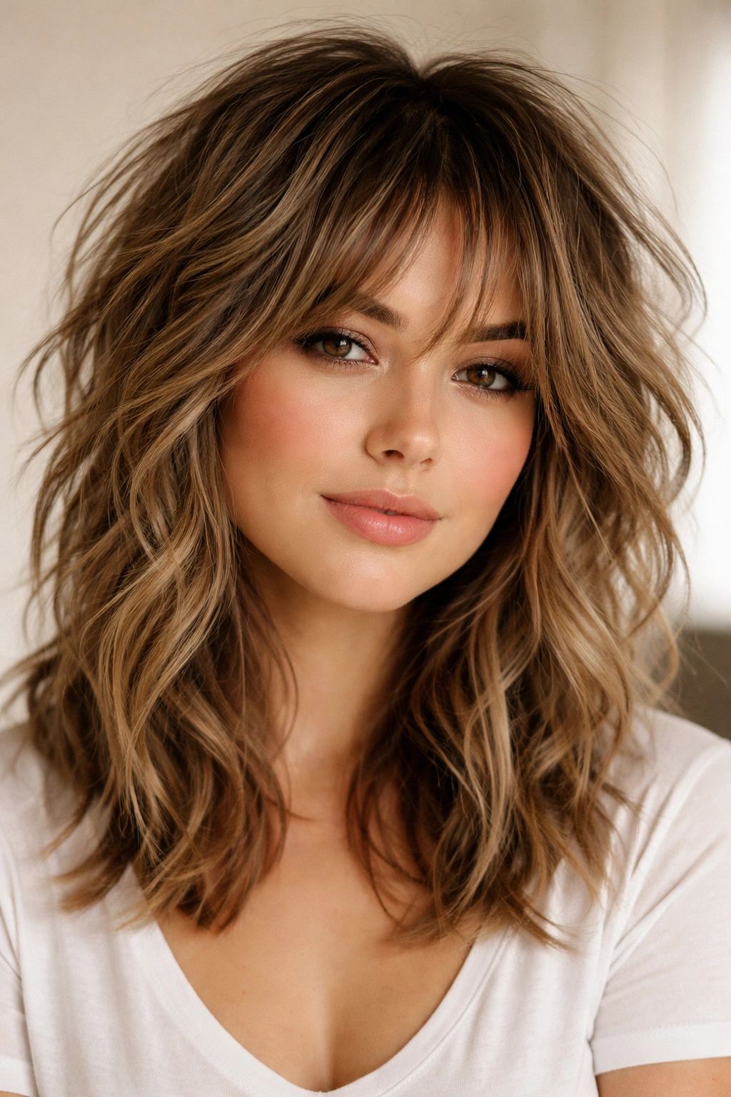Shaggy layered cut with tousled waves and texture spray
