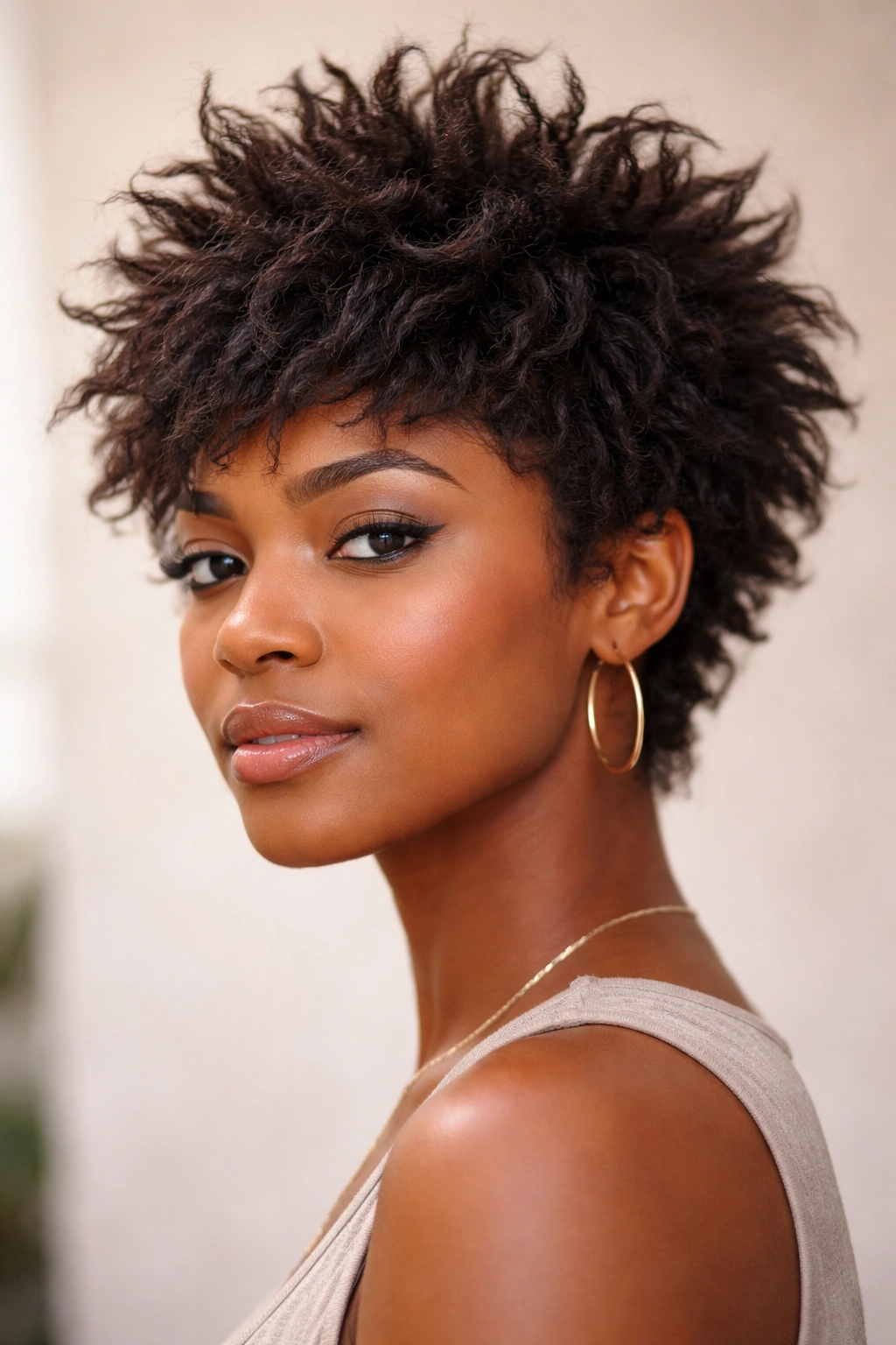 Close-up of short hair with shaggy layered texture and upward movement