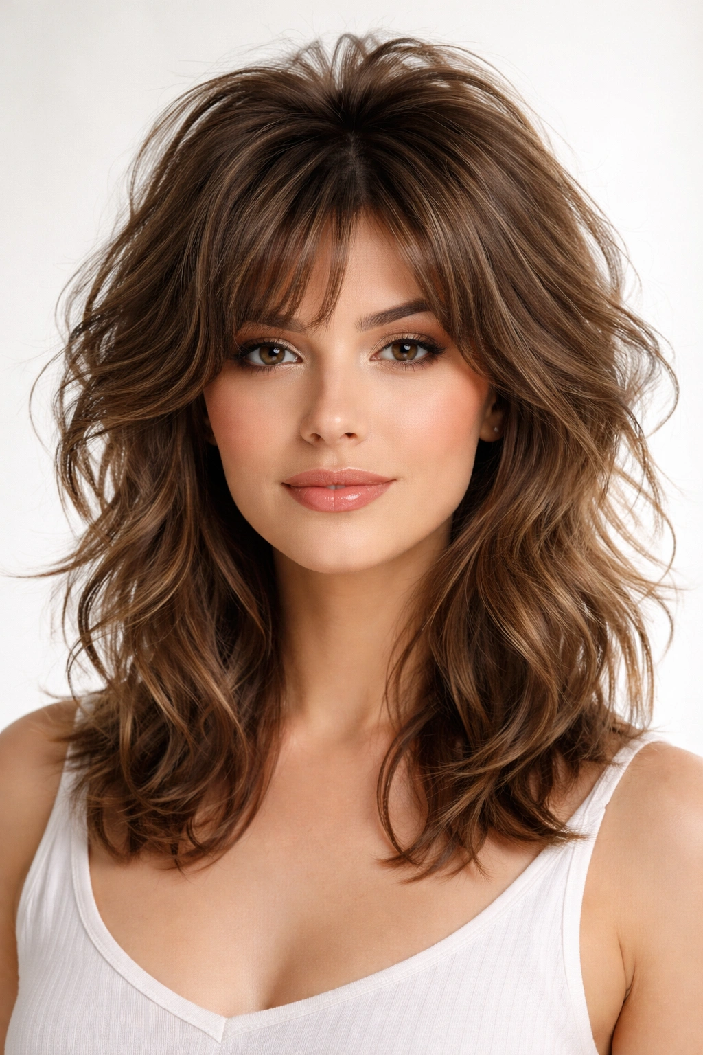 Shaggy layered hairstyle with crown volume and multidirectional waves