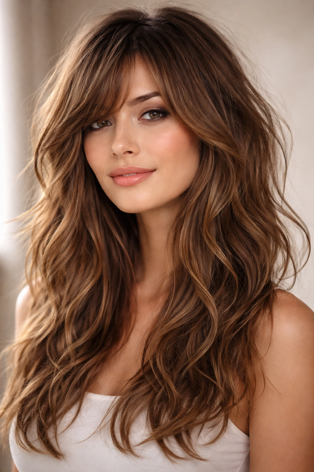 Close-up of shaggy layered wavy hair with long wispy side bangs