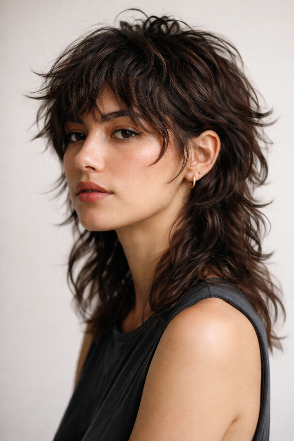 Three-quarter portrait of a shaggy mullet wave with layered top and back extension