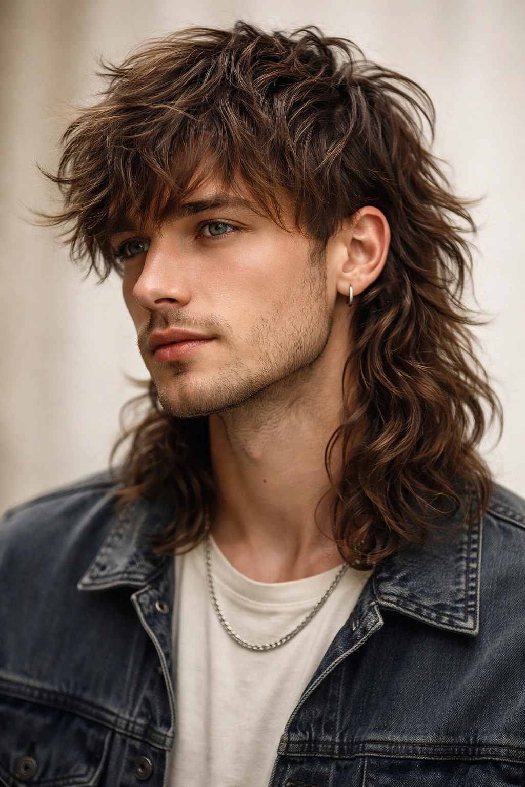 Close-up of a shaggy wavy mullet with cheekbone-to-chin front layers and longer back