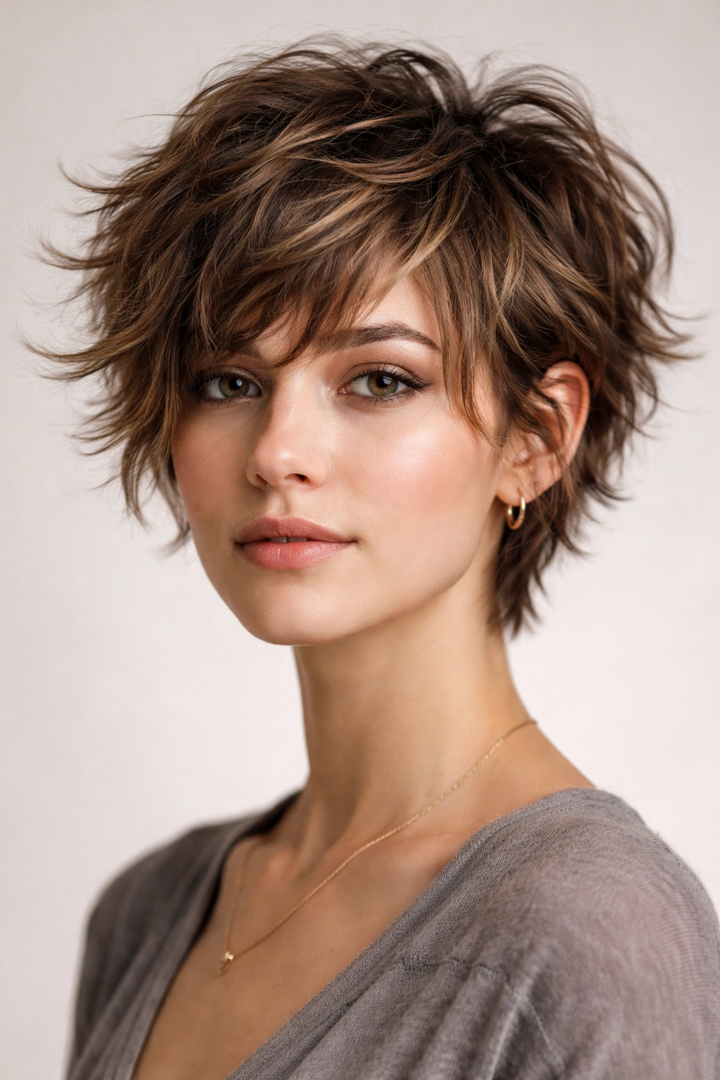 Portrait of a model with a shaggy pixie and choppy layers showing textured waves.