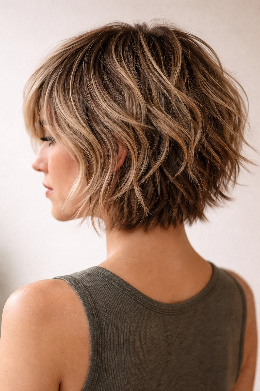 Shaggy textured bob hybrid with pronounced top layers