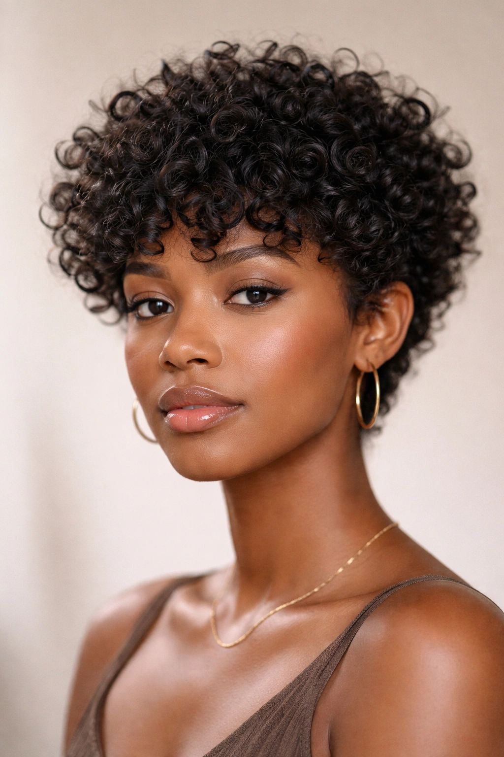 Close-up of a model with a shaggy textured crop featuring layered curls and movement