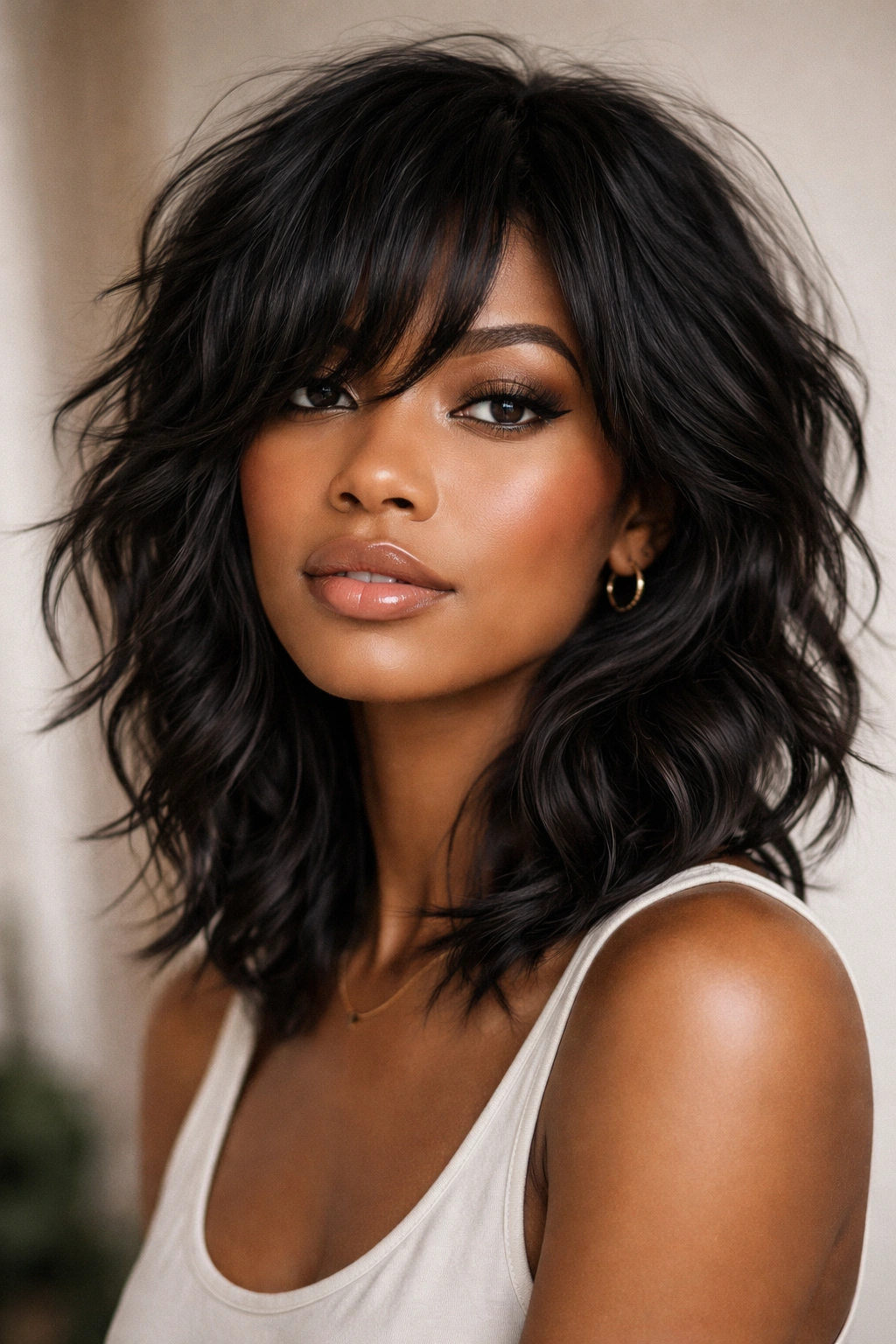 Shaggy layered cut with subtle waves and movement.