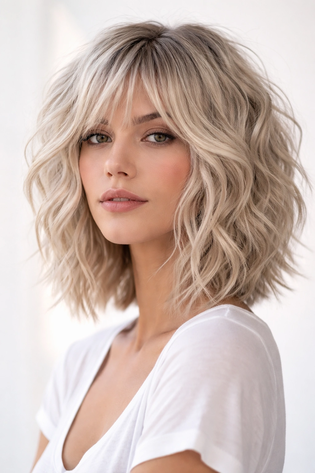 Shaggy wavy bob in platinum ash blonde with pronounced layers