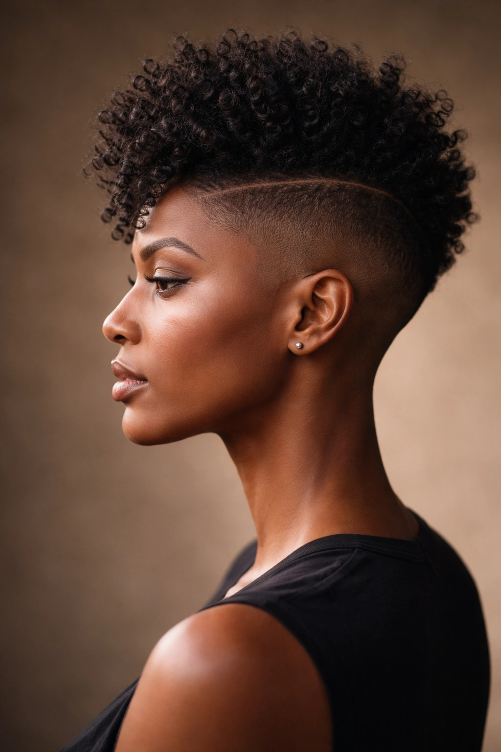 Portrait of a woman with shaved sides and a longer top highlighting dramatic contrast.