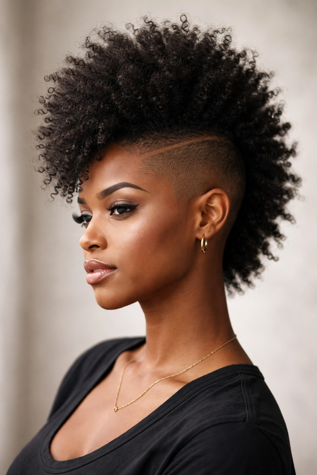 Close-up portrait of shaved-sides Mohawk with tall central afro, sharp contrast between sides and crown