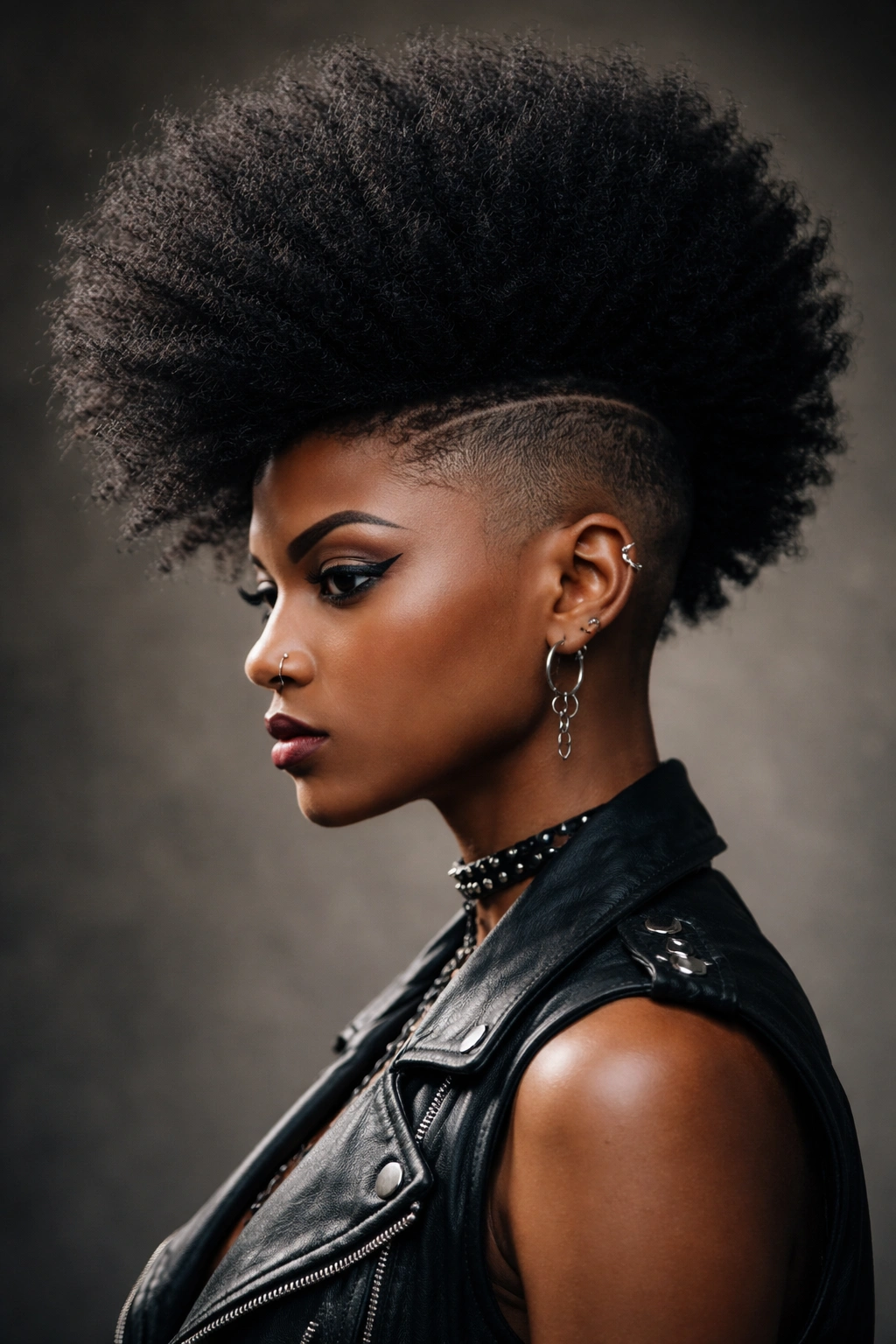 Portrait of shaved sides with a tall crown in a bold afro hairstyle