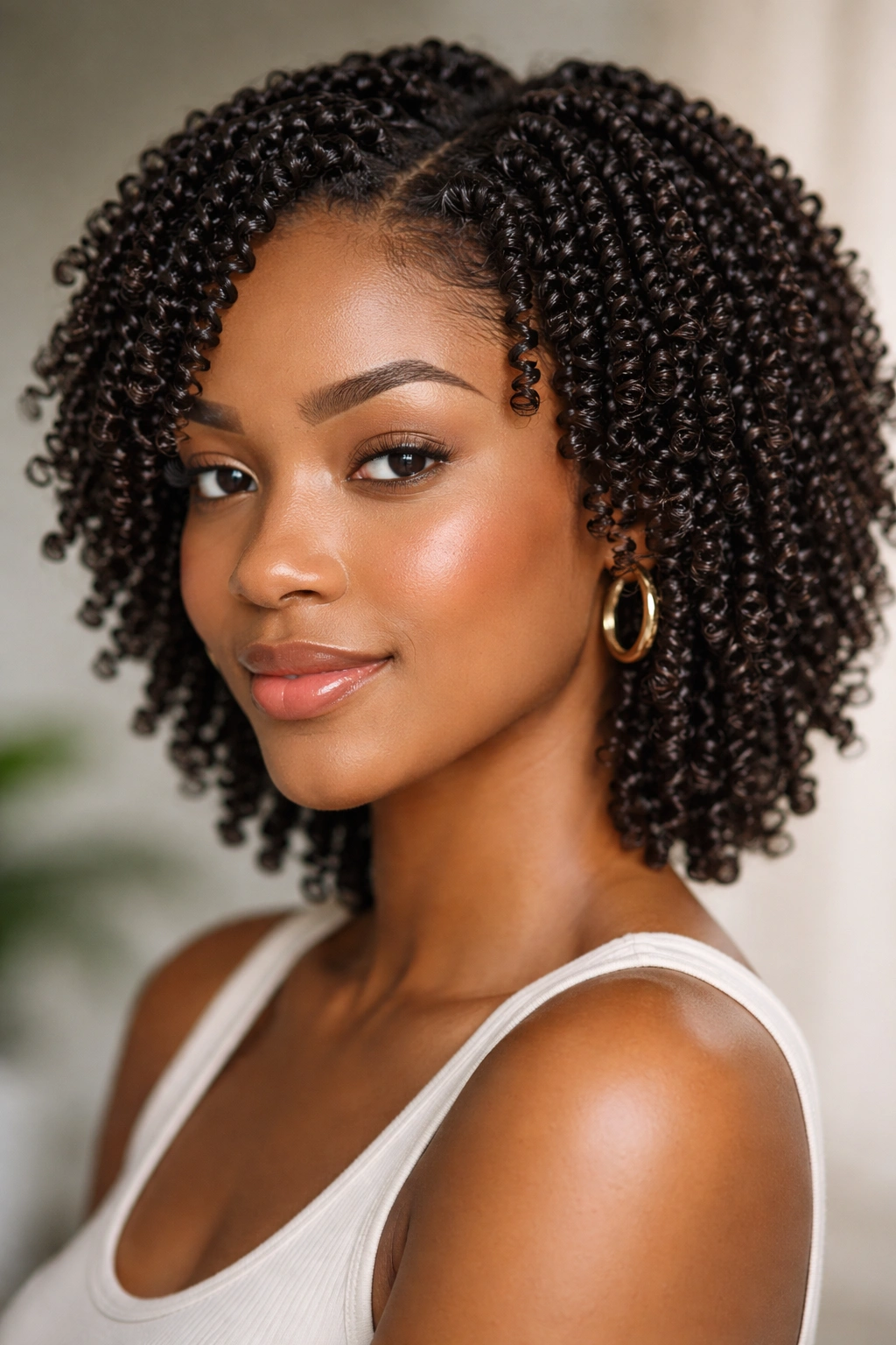 Close-up of tiny finger-coiled shea butter coils with shine