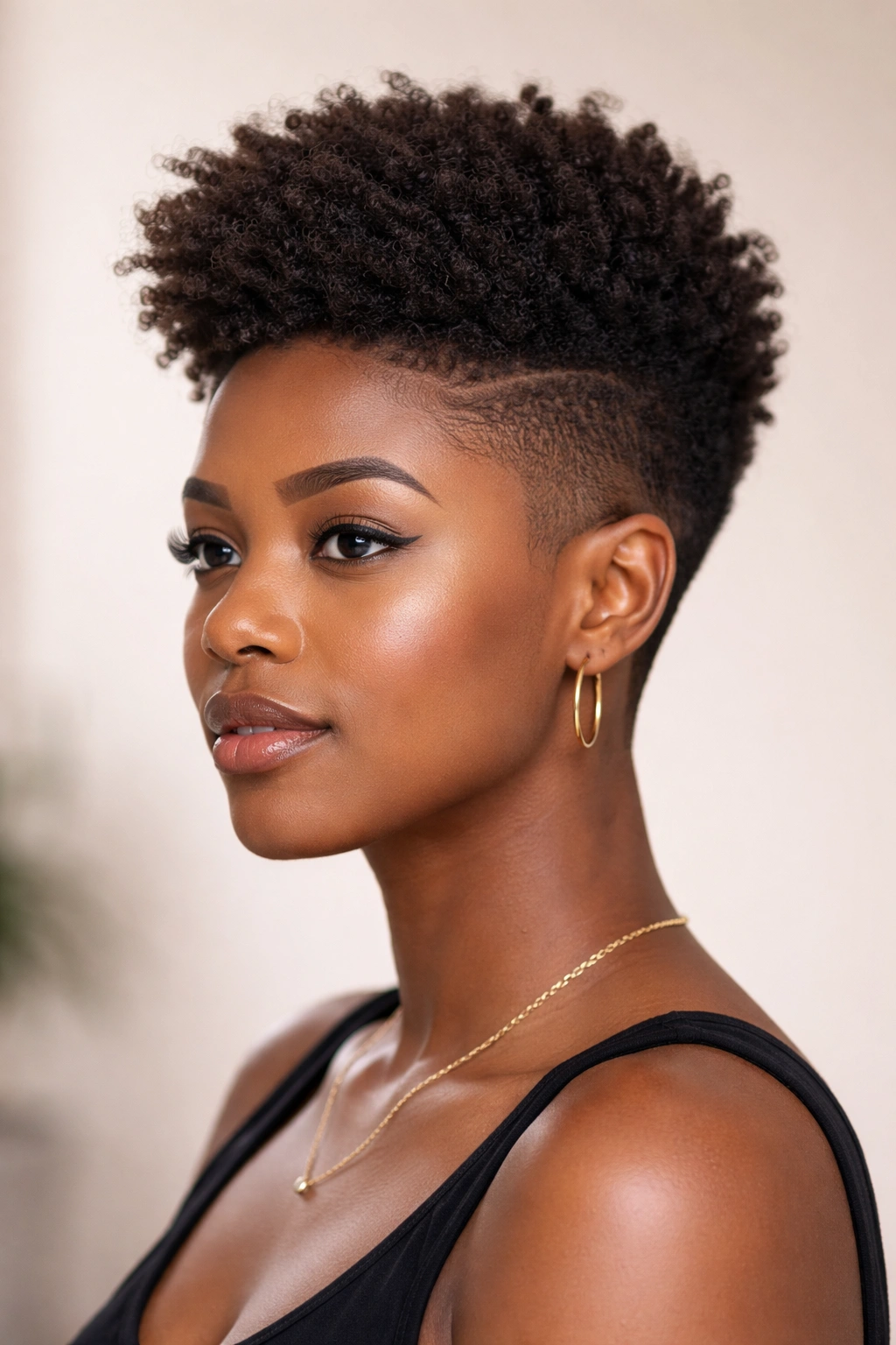 Portrait of a woman with sheared sides and a voluminous top.
