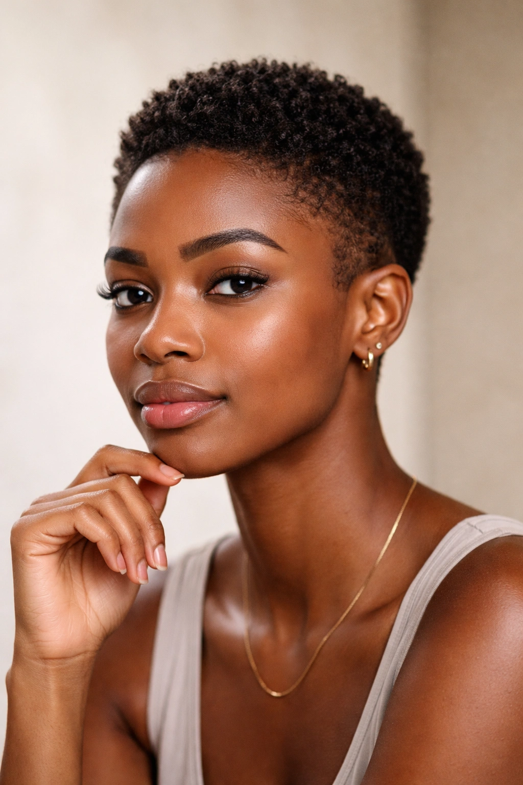 Portrait of a confident woman with very short 4C hair in a thoughtful pose