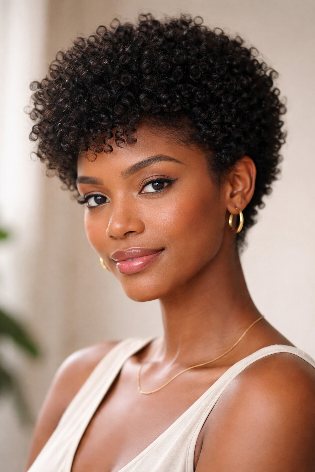 Portrait of a woman with a short afro under soft studio lighting, highlighting textured curls