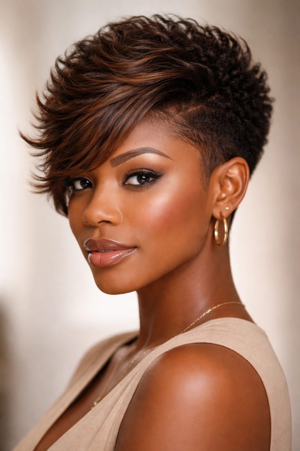 Short afro with side-swept cut and color definition, crown highlights and side lowlights