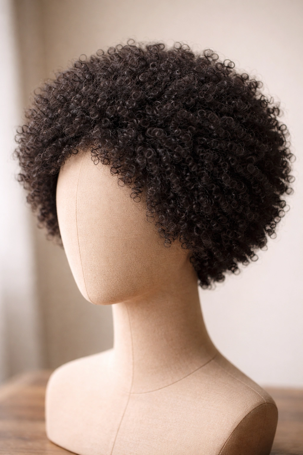 Close-up of a short textured afro wig with natural coil variation on a head form