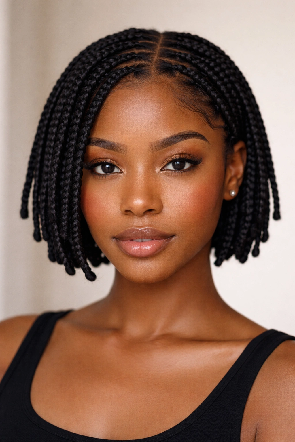 Close-up of a person with short box braids or twists