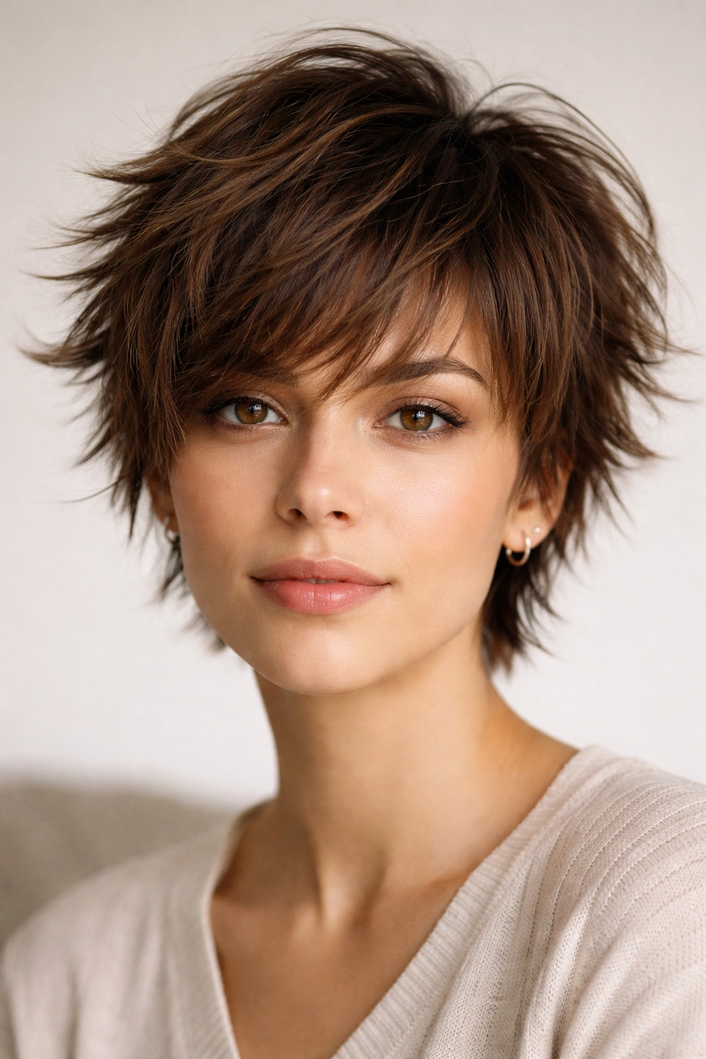 Close view of a short hairstyle with pronounced choppy layers for texture