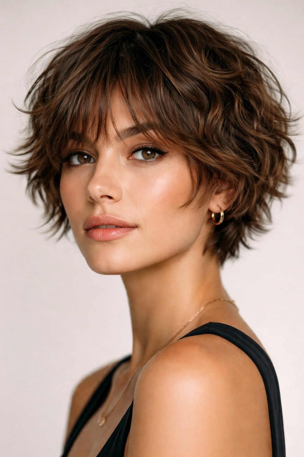 Model with short wavy crop and textured bangs