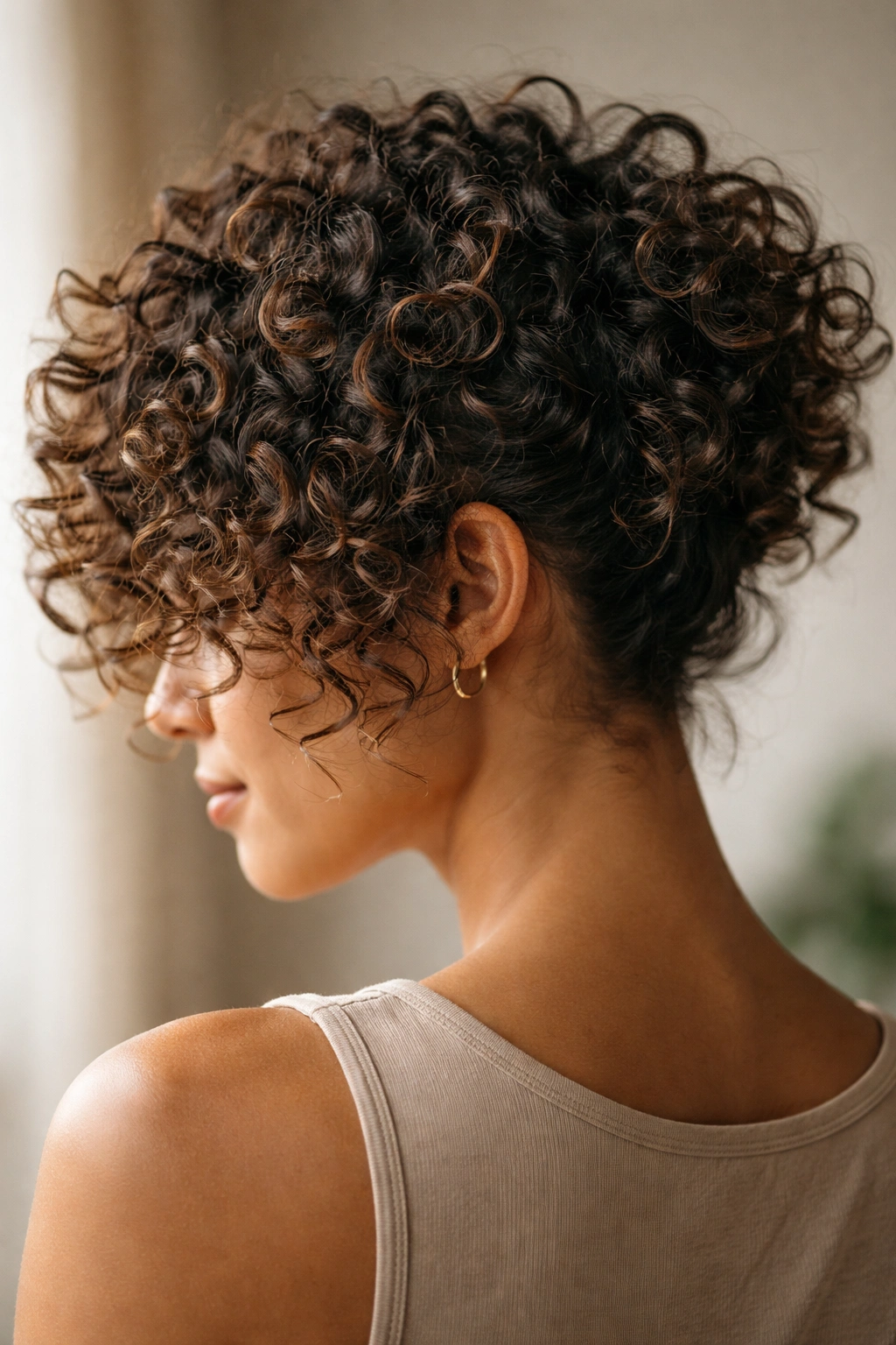 Close-up of short curly hair showing defined curls and texture