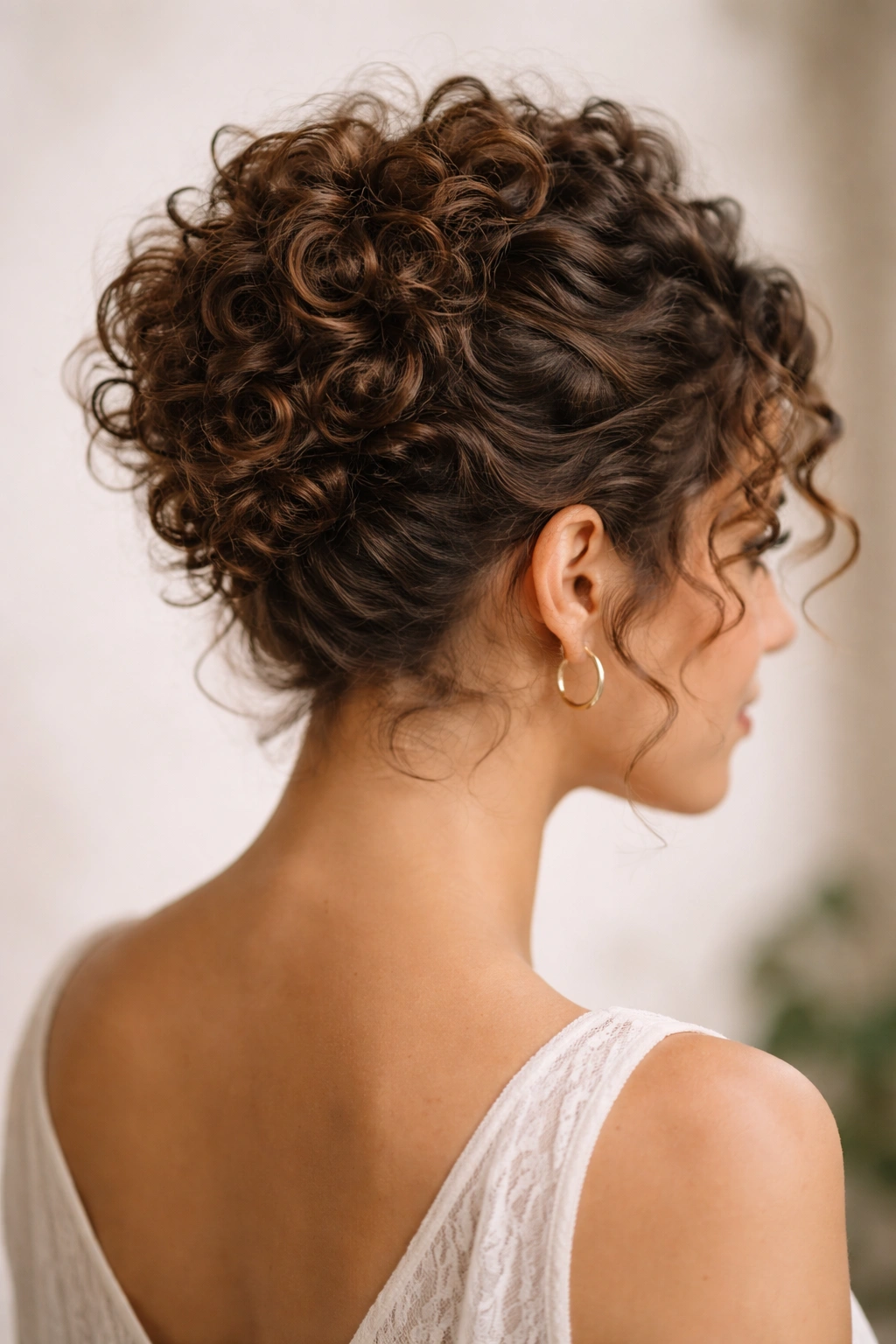 Close-up of short curly hair styled in a textured updo with defined curls