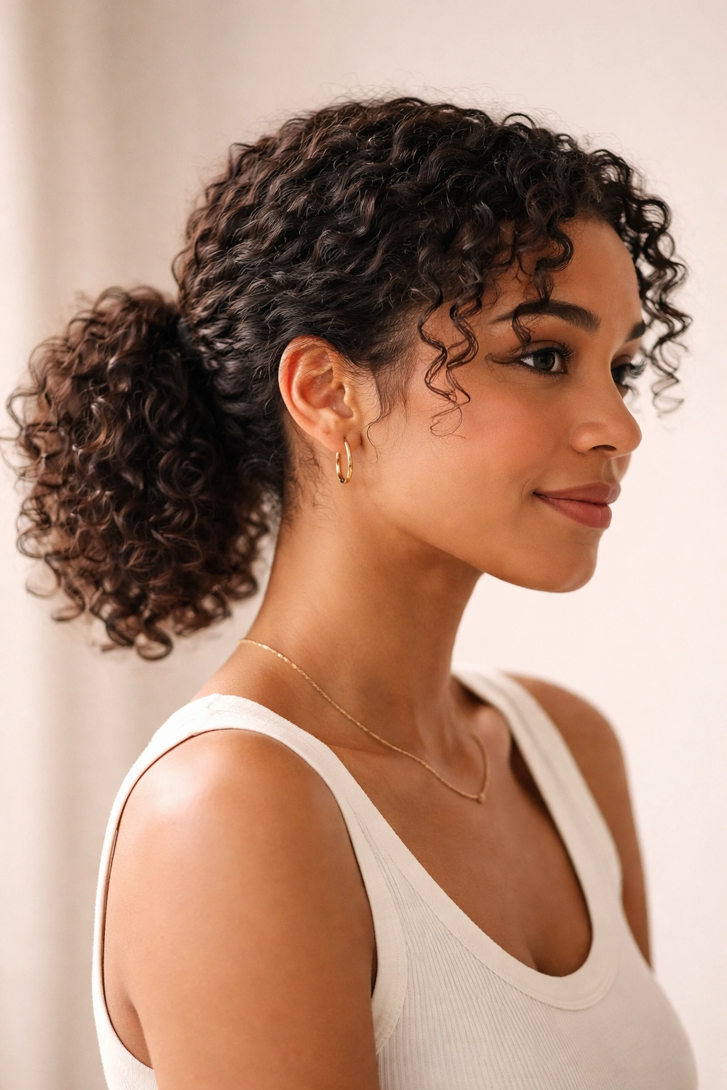 Close-up of a person with short curly hair in a low ponytail, showing curl texture and shine