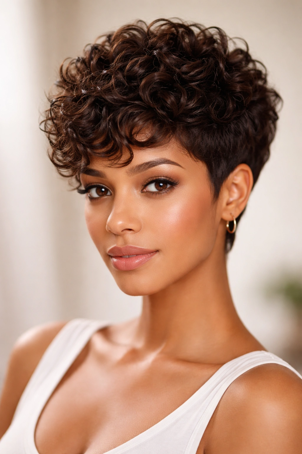 Short curly pixie wig with tapered sides and voluminous top curls