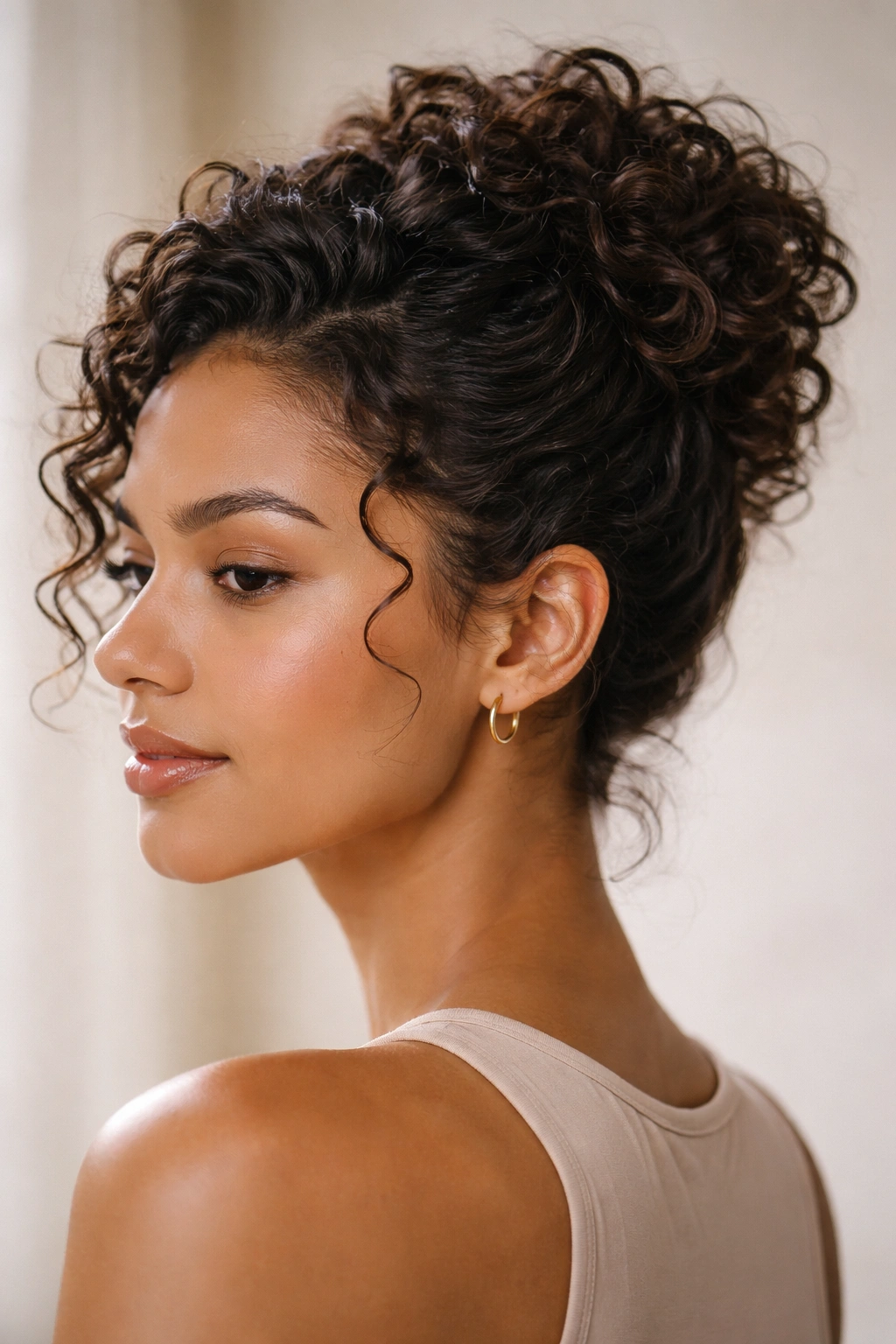 Close-up of a model with a short curly updo showing natural texture and secure hold.