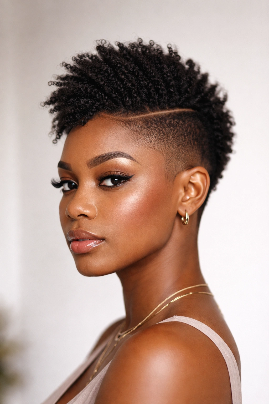 Close-up of a person with a short faux hawk and clean lines.