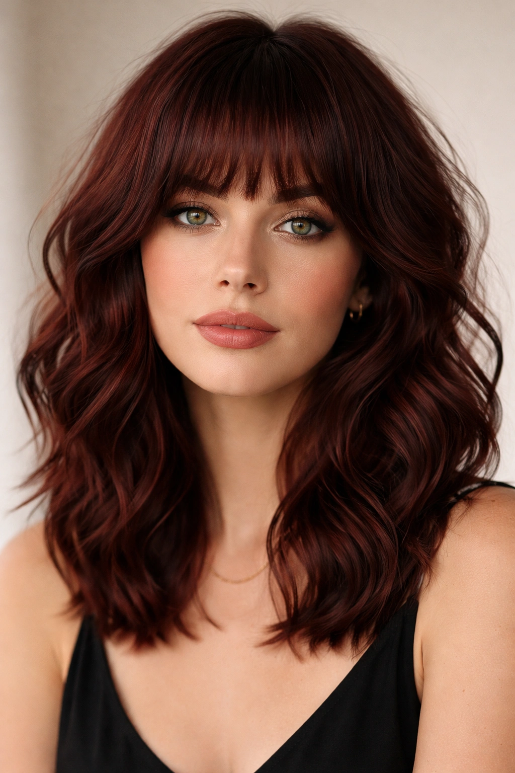 Close-up of a fringe and waves in dark auburn red showcasing vintage-modern blend