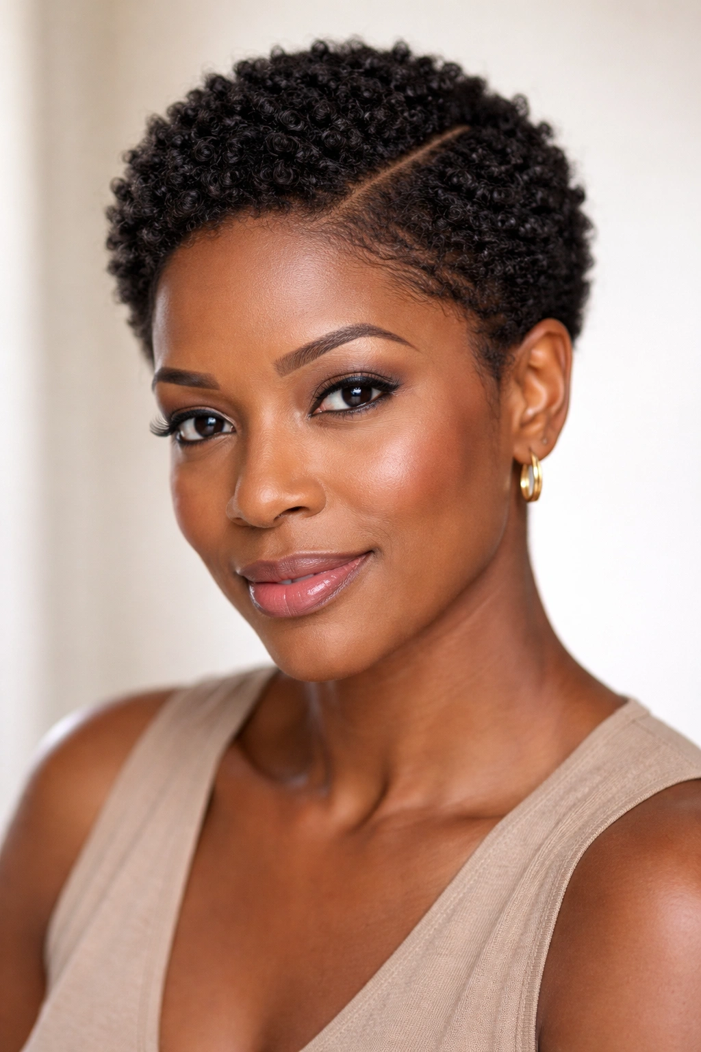 Short afro with a strategic side part and clean lines