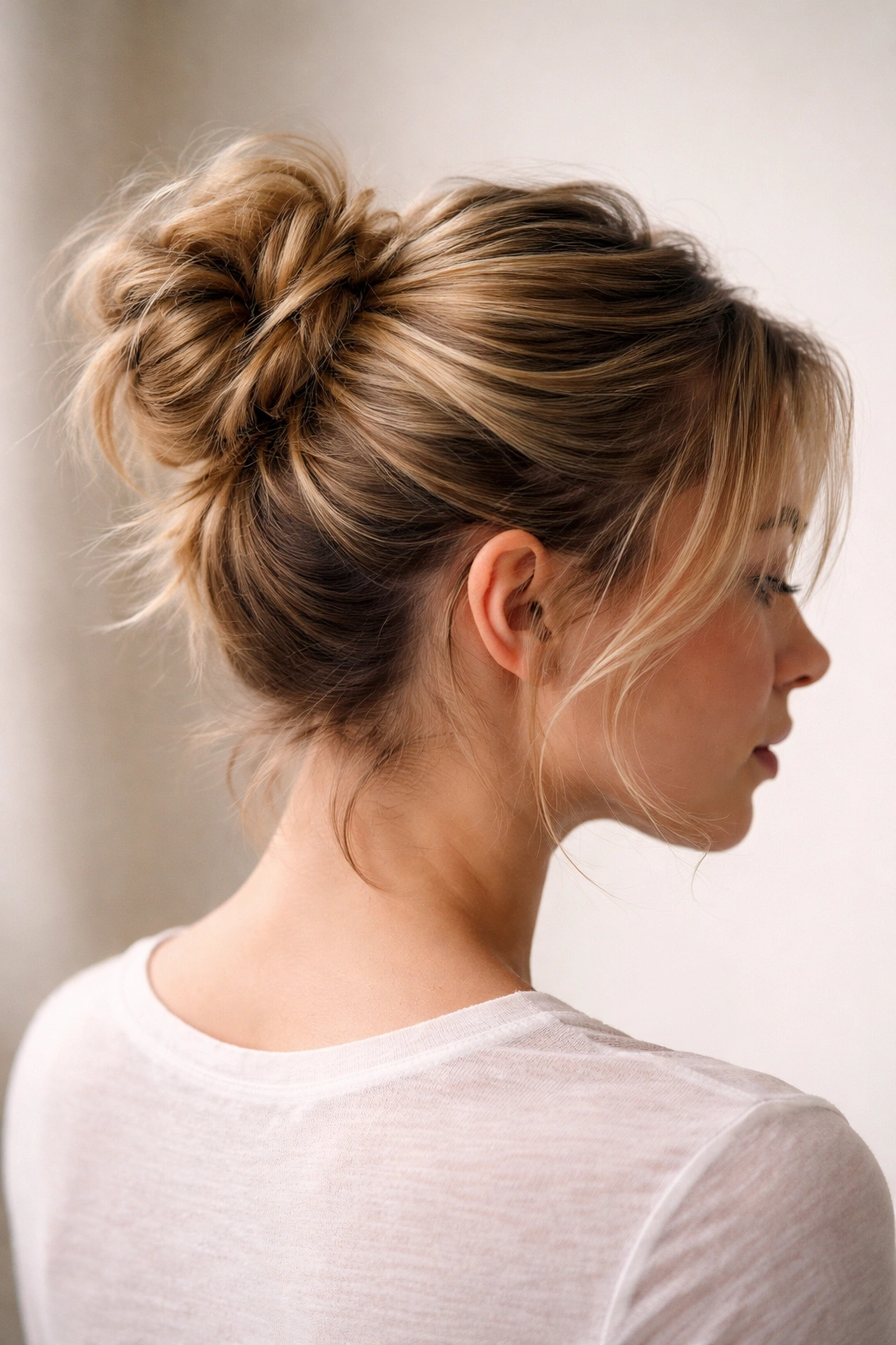 Close-up of a high textured bun on short hair with soft studio lighting