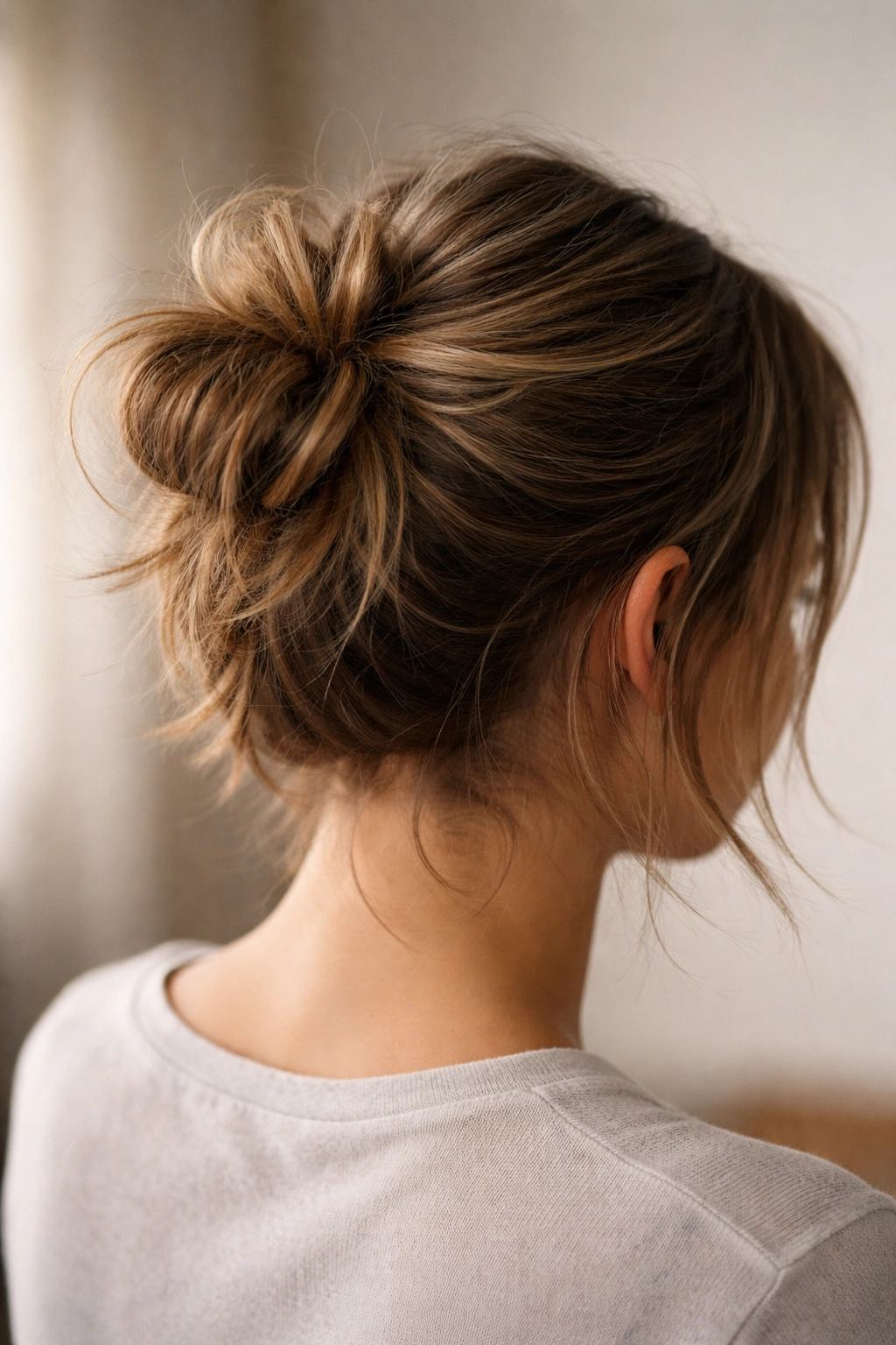 Undone messy bun for short hair with textured strands