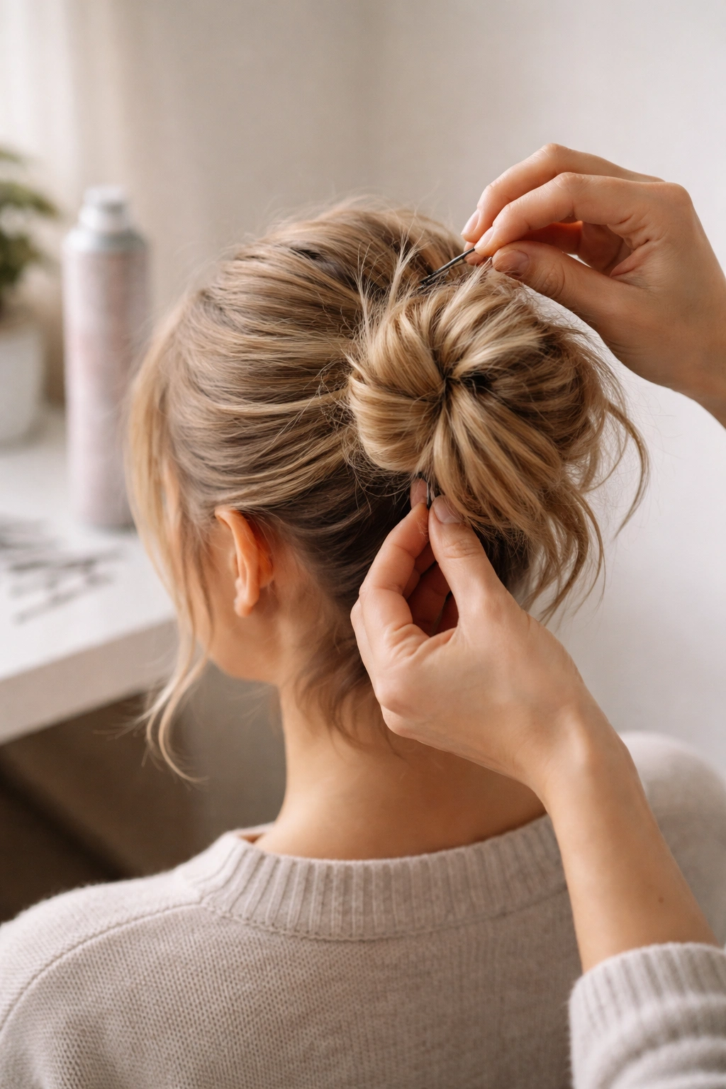 Hands styling a short-haired bun with bobby pins and spray