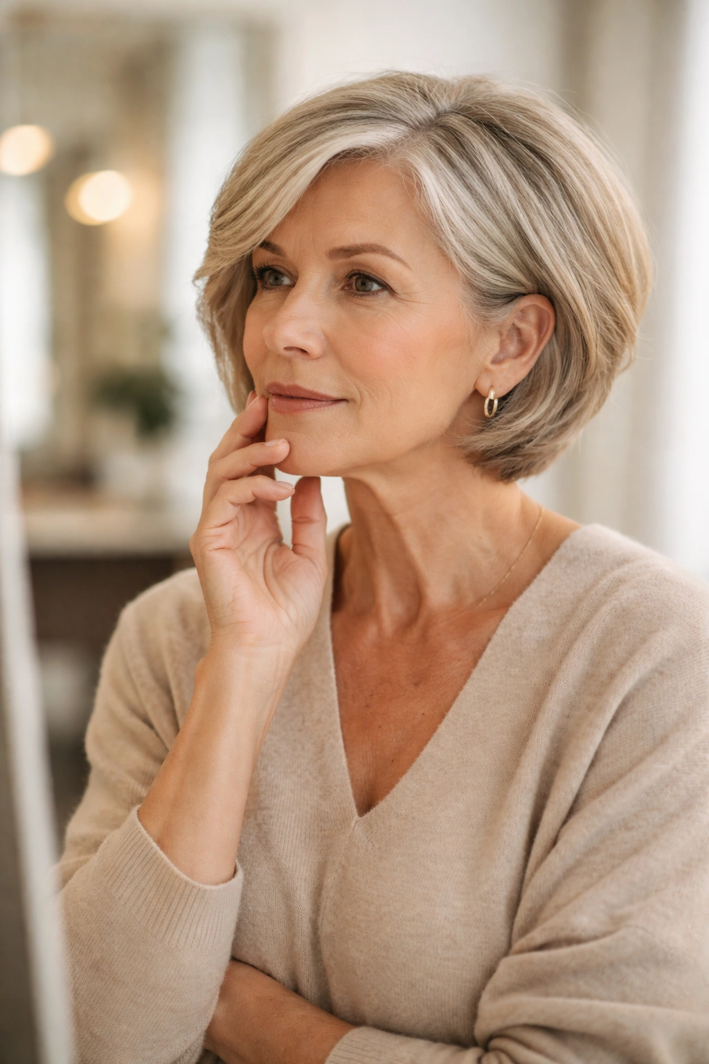 Older woman with a short layered bob contemplating hairstyle in a softly lit salon mirror