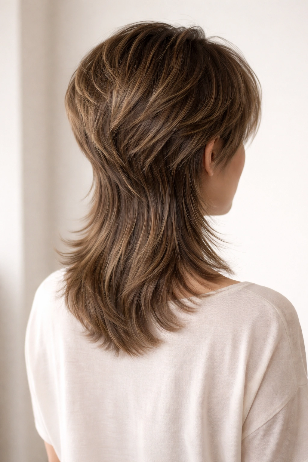 Back view of hair transitioning from short layered pixie to shoulder-length in back