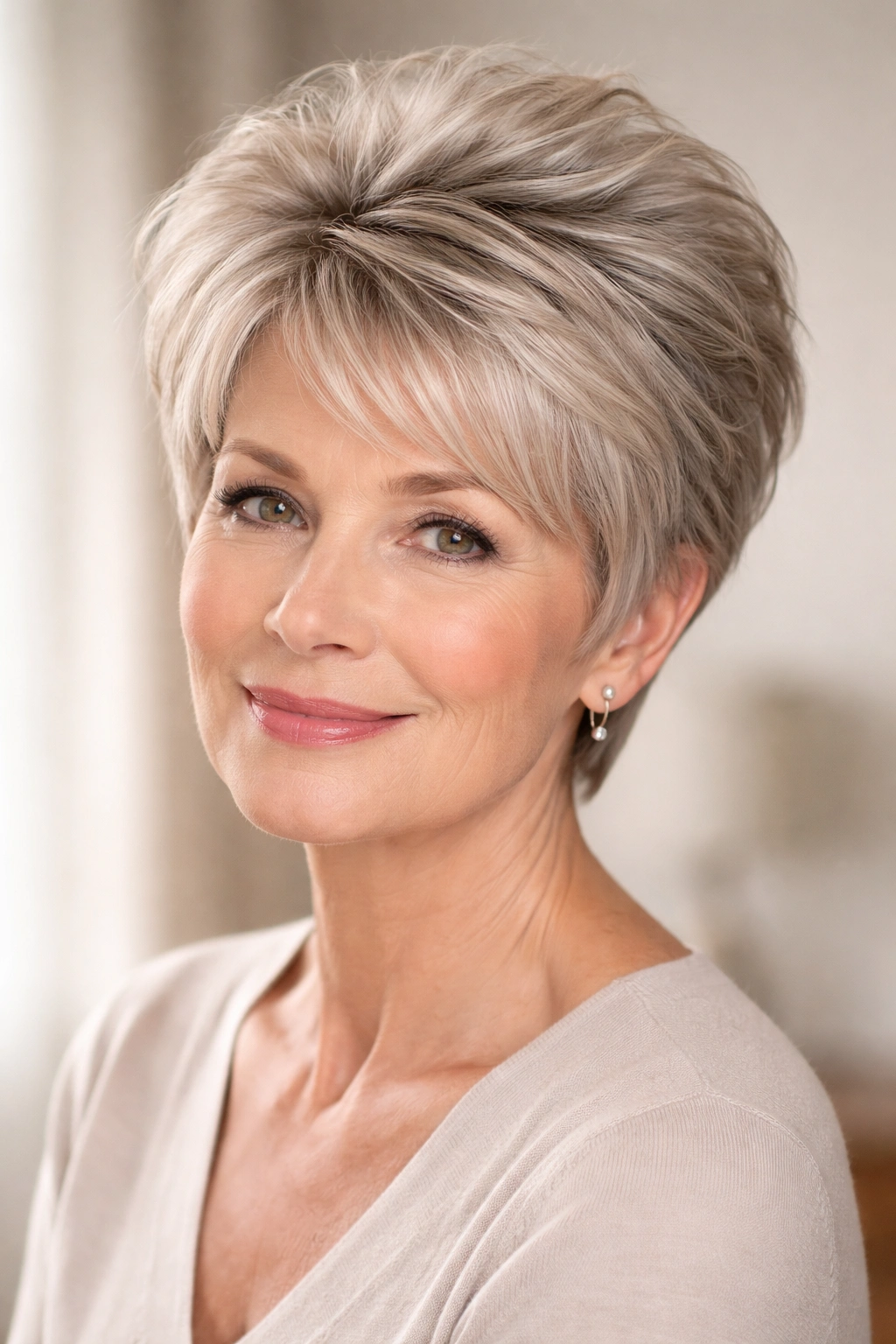 Close-up of mature woman with crown-textured short layers to lift thinning crown